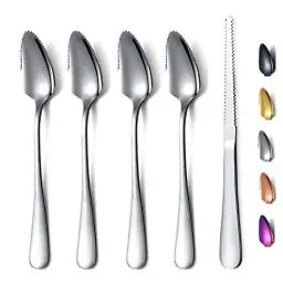 Produktbild: Grapefruitlöffel 5-Teiliges Set, 4 Grapefruitlöffel aus Edelstahl und 1 Grapefruitmesser mit Titanbeschichtung, Grapefruit-Utensilenset, gezackte Kanten Löffelpackung mit 5 Stück (Silber)