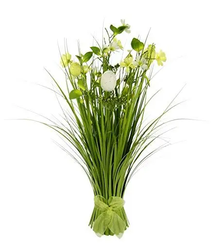 Produktbild: Grasbusch mit Blumen, Blüten, Eier und Schleife, Künstlicher Gras Bund stehend, Grasbündel, Dekogras, Kunstgras, Ziergras, Grasbüschel, Grasarrangement, Gräser, Schilf, Osterdeko, Frühjahrsdekoration