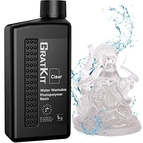 Produktbild: GratKit Wasserabwaschbares 3D-Drucker Resin 1000g Transparent– Verbesserte Formel, Water-Washable 405nm UV Photopolymer Harz, geruchsarm und leicht zu reinigen, kompatibel mit DLP/LCD Druckern