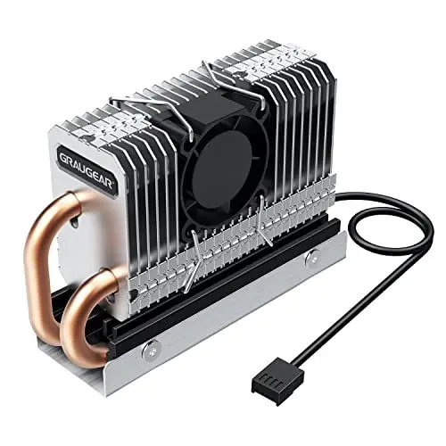 Produktbild: GRAUGEAR M.2 NVMe SSD Kühler 2280, geräuscharmer 25mm PWM-Lüfter mit Kupfer Heatpipe, Aluminium Lamellen, Leistungsstarke Kühlung für M.2 SSDs