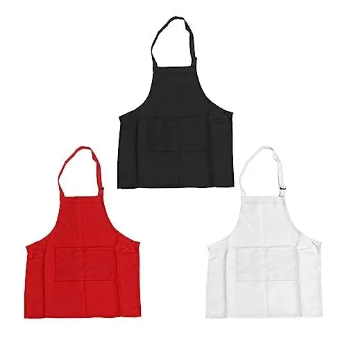 Produktbild: Grcfumo 3 Stück Kinderschürze, Kinderkochschürzen, Kinderkochschürzen mit Taschen für Mädchen im Alter von 3–6 Jahren, Weiß, Rot, Schwarz, M, Größe 56 cm Länge