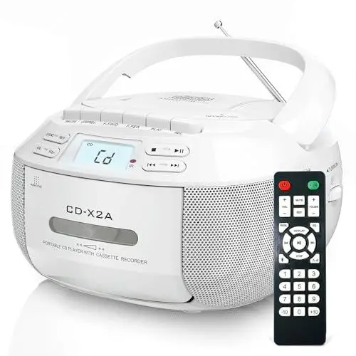 Produktbild: Greadio Boombox CD Player Tragbar, Kassettenspieler mit Bluetooth, FM Radio mit Fernbedienung, AUX-/USB-Wiedergabe, Kassettenrekorder, AC-Kabel/Batteriebetrieb, LCD-Bildschirm für Kinder (White)
