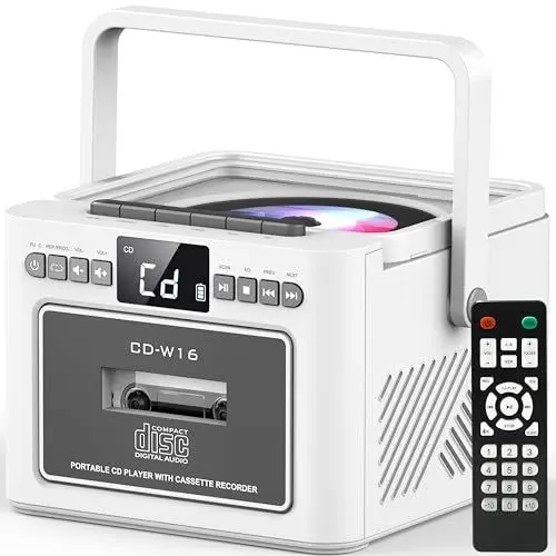 Produktbild: Greadio CD Player Tragbar, Boombox Kassettenspieler mit UKW Radio, Bluetooth 5.1, 5000mAh wiederaufladbare Akku, Fernbedienung, AUX/USB/SD Karte-In, 5W Lautsprecher, LED Bildschirm (Weiß)