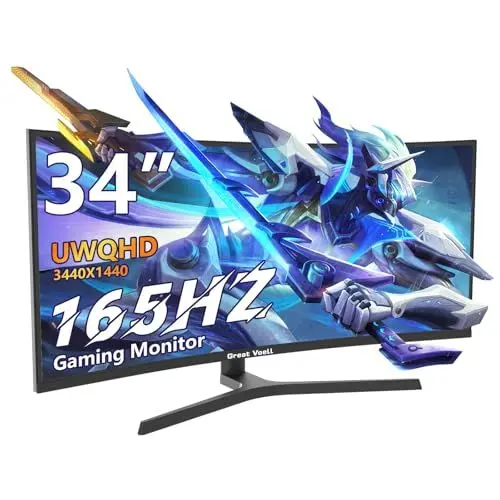 Produktbild: Great Voell 34 Zoll Gaming Monitor Curved, 165Hz, UWQHD 3440x1440, Ultrawide Monitor, 1500R, 1Ms, 99%sRGB, HDMI 2.0, DP 1.4, FreeSync, HDR, Anti-Blaulicht Augenschutz, VESA, Multifunktionaler Standfuß