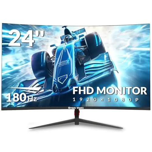 Produktbild: Great voell 24 Inch Curved Gaming Monitor, 180Hz/144Hz FHD 1080P, 120% sRGB, 1ms, AMD FreeSync, Low Motion Blur, VESA Wall Mount, HDMI 1.4 & DP 1.2 – Black