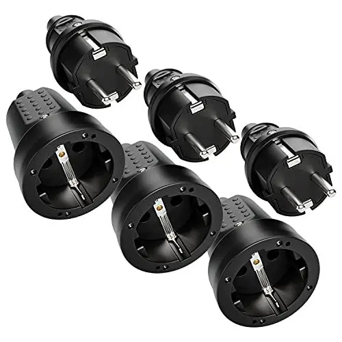 Produktbild: greate 3x Schuko Stecker Kupplung 230V Aussenbereich - Gummistecker Kupplung Set mit Knickschutz, 2-polig, 230V, 16A & 3,7kW - IP44 Stecker und Kupplung 230V schwarz für Außenbereich - Schukostecker