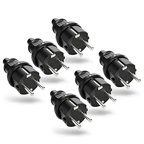 Produktbild: greate 6x Schuko Stecker Aussenbereich mit Knickschutz - Schukostecker Gummi mit Zugentlastung, 2-polig, 230V, 16A & 3,7kW - IP44 Schukostecker Außenbereich schwarz - Schutzkontakt Stecker 230V