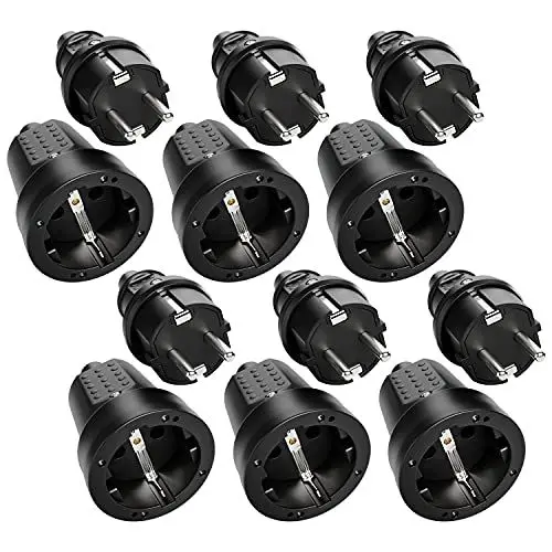 Produktbild: greate 6x Schuko Stecker Kupplung 230V Aussenbereich - Gummistecker Kupplung Set mit Knickschutz, 2-polig, 230V, 16A & 3,7kW - IP44 Stecker und Kupplung 230V schwarz für Außenbereich - Schukostecker