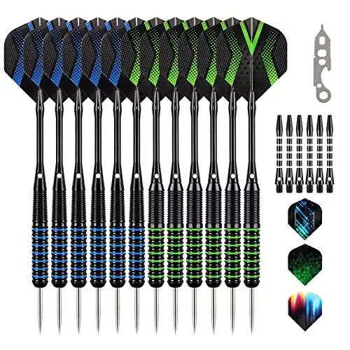 Produktbild: Grebarley Dartpfeile mit Metallspitze,6 Stück 20 Gramm und 6 Stück 22 Gramm,Profi Steeldarts 18 Aluminium Schaft mit 9 Flights 20 Orings