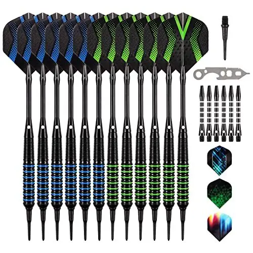 Produktbild: Grebarley Dartpfeile mit kunststoffspitze für elektronische dartscheibe 12 Stück,18 Gramm Profi Softdarts 18 Aluminium Schaft mit 9 Flights 50 Spitzen 20 Oring