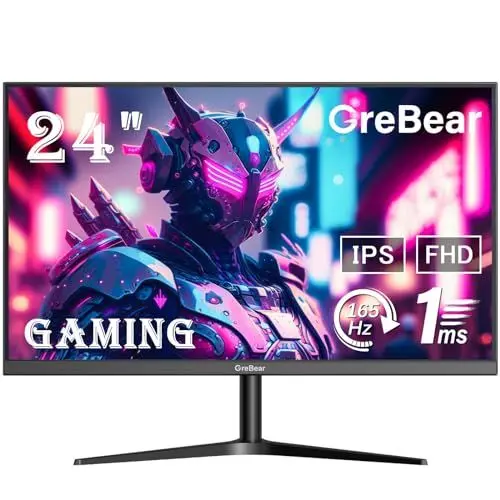 Produktbild: GreBear 165/144Hz Gaming Monitor 24 Zoll - FHD 1080P IPS Bildschirm 1ms(GTG) Home Office Computer Display, FreeSync Technologie, 100% sRGB, HDR, HDMI, DP, Eingebaute Lautsprecher, Neigbar, VESA