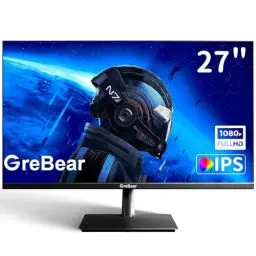 Produktbild: GreBear 27 Zoll LED Monitor IPS Panel FHD Computer Monitor 1080p 75Hz Home Office Desktop Bildschirm, HDMI, VGA, Flicker-Free, Integrierte Lautsprecher, Blaulichtfilter, 100x100mm VESA montierbar