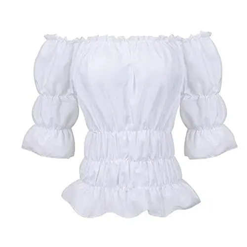 Produktbild: Grebrafan Damen Bluse Gothic Schulterfrei Halbe Ärmel Festlich Party Shirt Oberteil (EUR(32-34) S, Weiß)