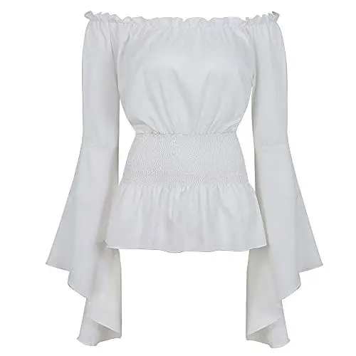 Produktbild: Grebrafan Gothic Bluse Damen Mittelalter Shirt Lange Ärmel Top (EUR(32-34) S, Weiß)