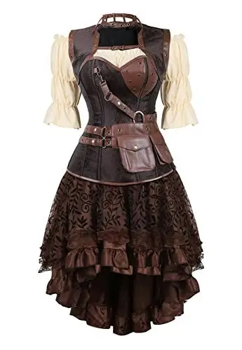 Produktbild: Grebrafan Steampunk Corsage Halloween Kostüm Karneval Retro Korsett mit Piraten Rock und Bluse (EUR(34-36) M, Braun)
