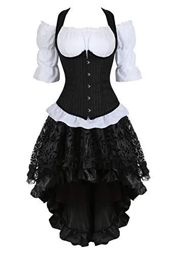 Produktbild: Grebrafan Steampunk Corsage Kostüm Karneval Gestreift Korsett mit Piraten Rock und Bluse (EUR(38-40) XL, Schwarz)