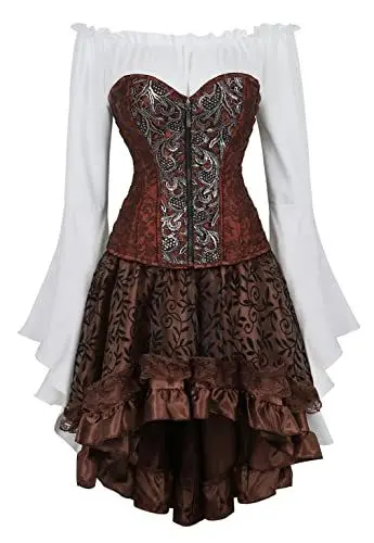 Produktbild: Grebrafan Steampunk Damen Corsage mit Tüll Rock und Piraten Bluse Stahl Korsett Kostüm (EUR(38-40) XL, Braun)