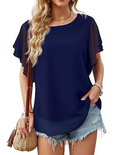 Produktbild: GRECERELLE Damen Sommer Chiffon Bluse Casual Fließenden Rundhalsausschnitt Doppelrüsche Kurze Ärmel Oberteile Shirt Casual Tops für Damen (Marineblau, M)