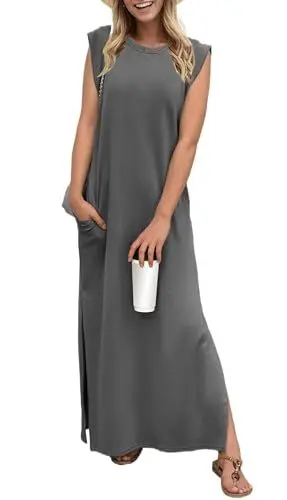 Produktbild: GRECERELLE Damen Sommer Maxikleid lässig Hemdkleider Elegante Stile ärmellos Maxikleider für Damen mit Schlitz und Taschen (Dunkelgrau, M)