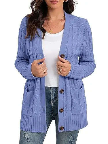 Produktbild: GRECERELLE Damen Strickjacke Strick Cardigan Lange Elegant Strickjacken mit Taschen mit Knöpfen Strickwaren Übergroße Pullover Strickmantel für Herbst Winter Frühling (Hellblau, M)