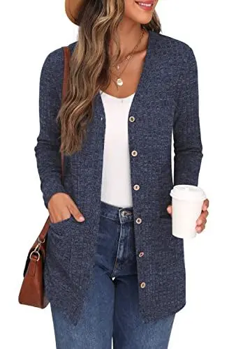 Produktbild: GRECERELLE Lange Strickjacke Damen Leichte Langarm Strickjacken Strickmantel mit Knöpfen Wintermäntel Longstrickjacke Outwear Elegant mit V-Ausschnitt (Marineblau, L)