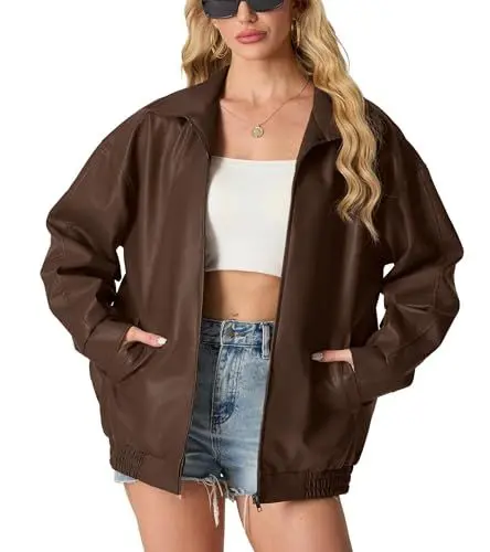 Produktbild: GRECERELLE Lederjacke Damen Kunstlederjacke Reverskragen Lange Ärmel Übergangsjacke Reißverschluss Bikerjacke Damen Lässig Motorrad Jacke Frauen (Dunkelbraun,L)