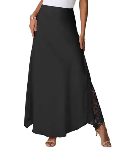 Produktbild: GRECERELLE Sommer Maxi Rock Damen Satin Lang Hohe Taille Seide mit Zipper, Seitliche Spitzenapplikation, Elegant Maxirock A-Linie Midi Business Röcke (Schwarz, L)