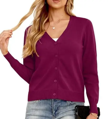 Produktbild: GRECERELLE Strickjacke Damen Cardigan Elegant Leichte V-Ausschnitt Langarm Knopfleiste Winterjacke Strickjacken füR Damen (Weinrot, L)