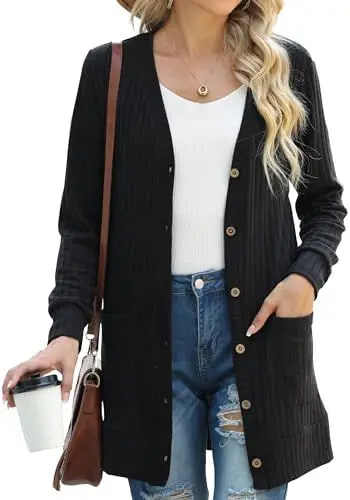 Produktbild: GRECERELLE Damen Lange Strickjacke mit Taschen Casual Langarm Open Cardigan mit Knöpfen (Schwarz, XXL)