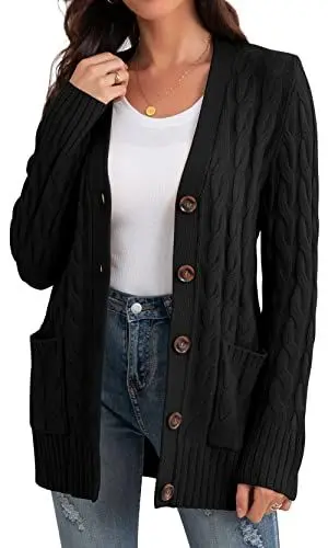 Produktbild: GRECERELLE Damen Strickjacke - Warme Strickjacke mit Langen Ärmeln, Taschen und Knöpfen (Schwarz, L)