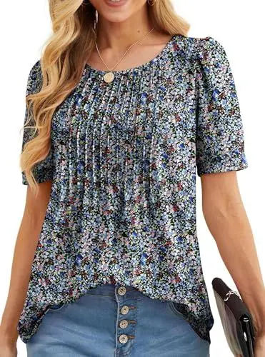 Produktbild: GRECERELLE Tshirt Damen Sommer Kurzarm Rundhals Oberteile Damen Shirt Freizeit Blusenshirt Leichte Lässig Tuniken Tops T-Shirt (Schwarze mit Anemone, L)