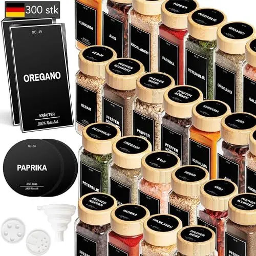 Produktbild: Greeano Gewürzgläser Set mit Holzdeckel (24x 120ml) und 300 Gewürzetiketten (DE) - Gewürzdosen Bambus - Gewürzbehälter Holz - Bambusdeckel