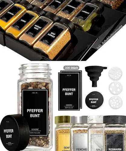 Produktbild: Greeano Gewürzgläser mit Regal (24 x 120ml) inkl. 300 Gewürzetiketten (DE) - Gewürzregal mit Gläsern - Gewürz Organizer Schublade - Gewürzregal Schublade mit Gläsern Gewurzregalsystem Schwarz