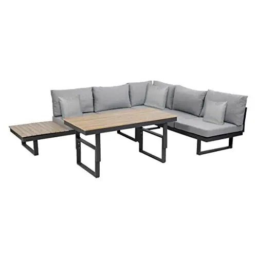 Produktbild: greemotion Lounge-Set San José, Gartenmöbel-Set aus Aluminium mit höhenverstellbarem Tisch, multifunktionale Sitzgruppe inkl. Kissen in Grau Mittel