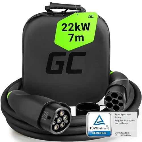 Produktbild: Green Cell GC Snap Typ 2 Ladekabel 22kW 7m 32A für EV Elektroautos Typ 2 auf Typ 2 3-Phasig TÜV Kompatibel mit Model Y 3 S X, ID.3, ID.4, Q4 e-tron, i4, iX1, 500e, Enyaq, EV6, EQA inkl Premium Koffer