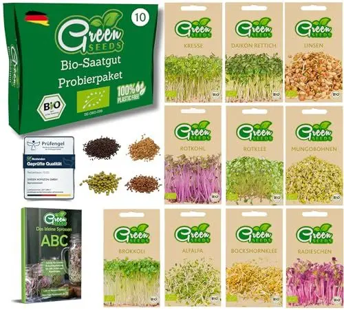 Produktbild: Green SEEDS - BIO Keimsorten Probierset Sprossen Samen & Microgreens zum selbst züchten - Saatgut 10er Probierpaket - Starter-Set für Sprossenglas & Kressesieb - Verpackt in nachhaltigem Graspapier