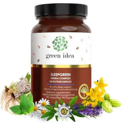 Produktbild: Green idea - SLEEPGREEN Schlaftabletten Besser einschlafen – Ashwagandha, Johanniskraut, L-Tryptophan, Baldrian, Hopfen – kein Melatonin – Beruhigungsmittel Mensch - Einschlafhilfe Erwachsene 90 kaps