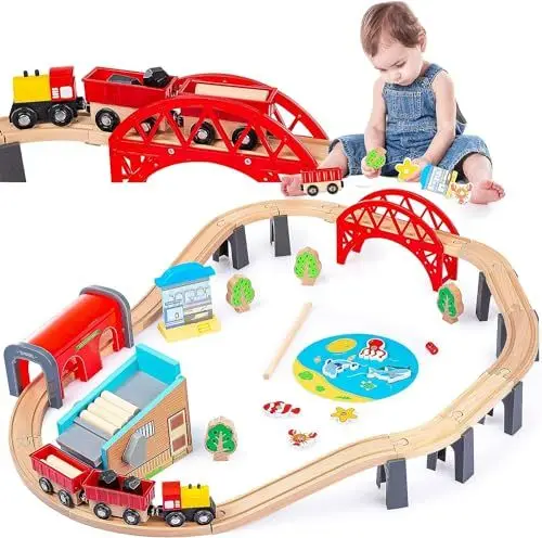 Produktbild: Green series Holzeisenbahn Set für Kinder - Eisenbahn Kinder | Spielzeug Zug, 48 Teilen, 213 cm lang | Holzzug, | Eisenbahn Holz | Model GS6151