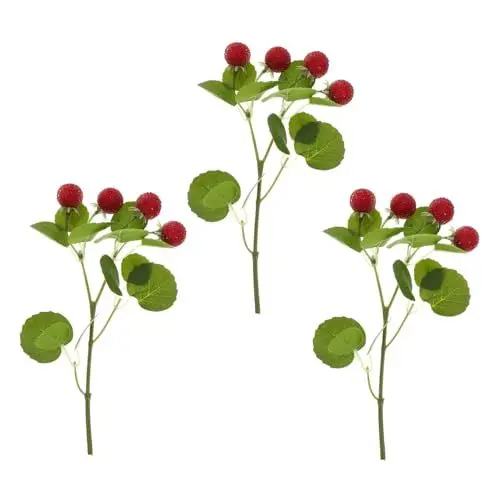Produktbild: GREENADSCAPE 3 Stück Bündel künstliche Lorbeere gefälschte Beere Fruchtstiele Zweige Obst Anlage kunstpflanze kunstplflanze künstliche Wachsbeerstiele gefälschte Wachsbeerverzierung Plastik rot