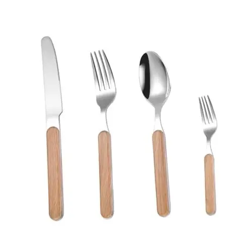 Produktbild: GREENADSCAPE Elegantes 4-teiliges Besteckset Im Retro-stil Und Löffel Aus Edelstahl Griff Aus Holzmaserung