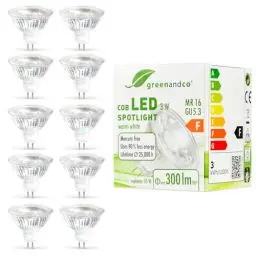 Produktbild: greenandco 10x MR16 GU5.3 LED Spot, 3W 300 lm 38° 2700K warmweiß COB LED 12V AC/DC, nicht dimmbar