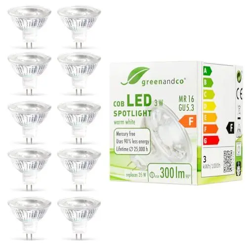 Produktbild: greenandco 10x MR16 GU5.3 LED Spot, 3W 300 lm 38° 2700K warmweiß COB LED 12V AC/DC, nicht dimmbar