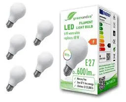 Produktbild: greenandco 5x CRI90+ Glühfaden LED Lampe | matt | ersetzt 48 Watt E27 Birne, 6W 600 Lumen | 2700K warmweiß | Filament Fadenlampe | 360° 230V AC | nicht dimmbar | flimmerfrei | 2 Jahre Garantie