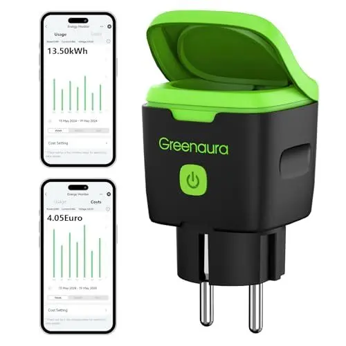 Produktbild: Greenaura WLAN Steckdose Outdoor - Zeitschaltuhr Aussenbereich mit Strommessung IP44 Wasserdicht, Smart Life APP Fernbedienung, Kompatibel mit Alexa/Google Home, 16A 4000W 2.4GHz WiFi