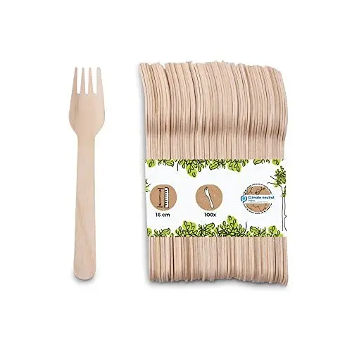 Produktbild: GREENBOX 100 Einweggabeln Holz I Einmalbesteck Partybesteck Holzbesteck Besteck Einweggeschirr biologisch abbaubar, kompostierbar Holzgabeln I stabiles Einwegbesteck Gabeln 16,5 cm