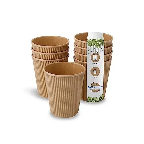Produktbild: GREENBOX 25 Stück Riffelbecher To Go Pappbecher aus braunem Kraftkarton ungebleicht I Umweltfreundliche Kaffee Trinkbecher Einweg Bio unbedruckt 250 ml, 10 oz I 100% biologisch abbaubar, kompostierbar