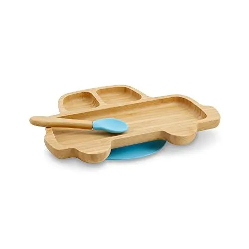 Produktbild: GREENBOX Bambus-Teller-Set Auto I Saugnapf-Teller mit Löffel - FSC-zertifiziert I süßes Bambus Holz-Schüssel-Set Kleinkind - Kinder-Teller & Snack-Schale I Baby Bambus-Geschirr blau