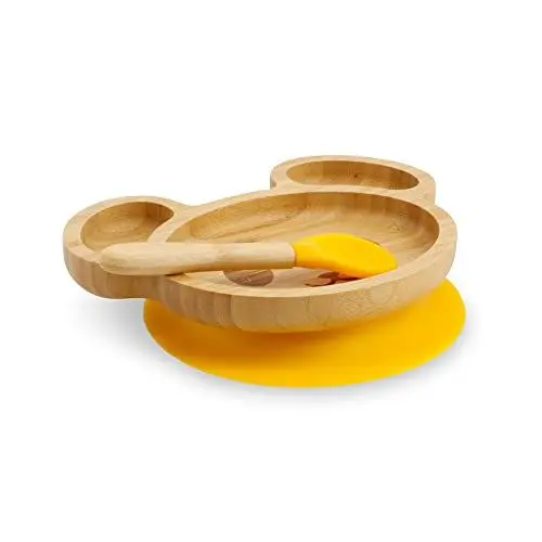 Produktbild: GREENBOX Bambus-Teller-Set Maus I Saugnapf-Teller mit Löffel - FSC-zertifiziert I süßes Bambus Holz-Schüssel-Set Kleinkind - Kinder-Teller & Snack-Schale I Baby Bambus-Geschirr gelb