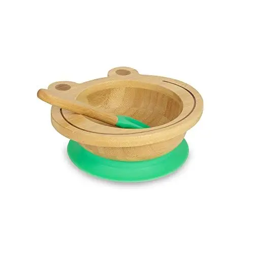 Produktbild: GREENBOX Bambusschalen-Set Frosch I Saugnapf-Schüssel mit Löffel - FSC-zertifiziert I tolles Bambus Holz-Schüssel-Set f. Kinder - Baby-Brei-Schüssel & Müslischale I Baby Bambus-Geschirr Grün