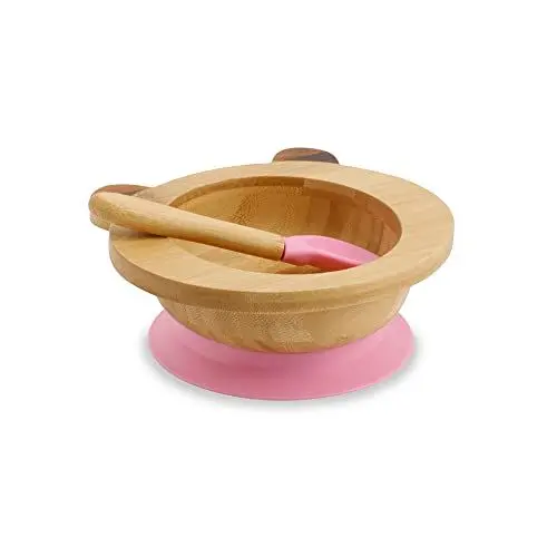 Produktbild: GREENBOX Bambusschalen-Set Panda I Saugnapf-Schüssel mit Löffel - FSC-zertifiziert I tolles Bambus Holz-Schüssel-Set f. Kinder - Baby-Brei-Schüssel & Müslischale I Baby Bambus-Geschirr pink